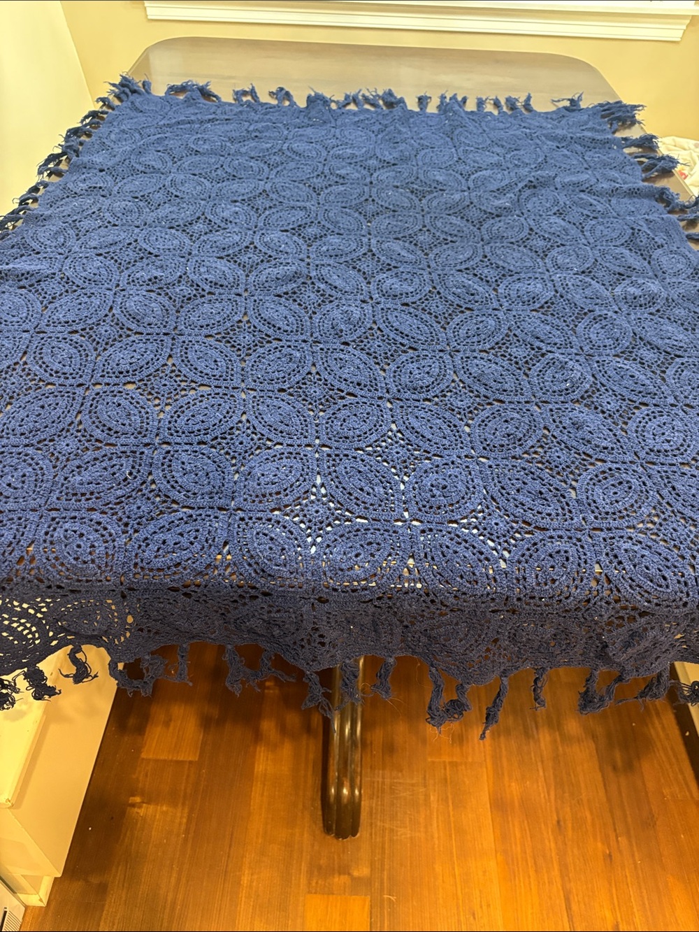 Hand Crafted Blue Crochet Throw Blanket with Fringe
